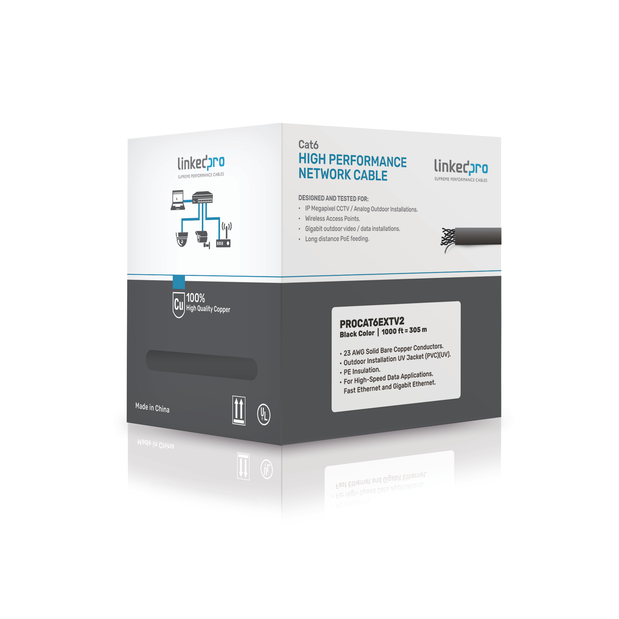 Bobina de cable de 305 Metros Cat6+ CALIBRE 23 Exterior Blindado tipo FTP para CLIMAS EXTREMOS, UL, color Negro Bobina de cable de 305 Metros Cat6+ CALIBRE 23 Exterior Blindado tipo FTP para CLIMAS EXTREMOS, UL, color Negro